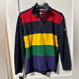Vintage Tommy Hilfiger Mens Multicolor Striped Quarter Zip Pullover Size Medium